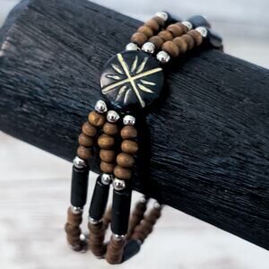 Stretch Bracelet Three Row - Black, Brown, Silver Tone - Stamped 1974